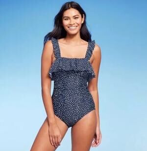 Kona Sol Navy Blue Polka Dot Ruffle Flounce One Piece Swimsuit XL Extra Large